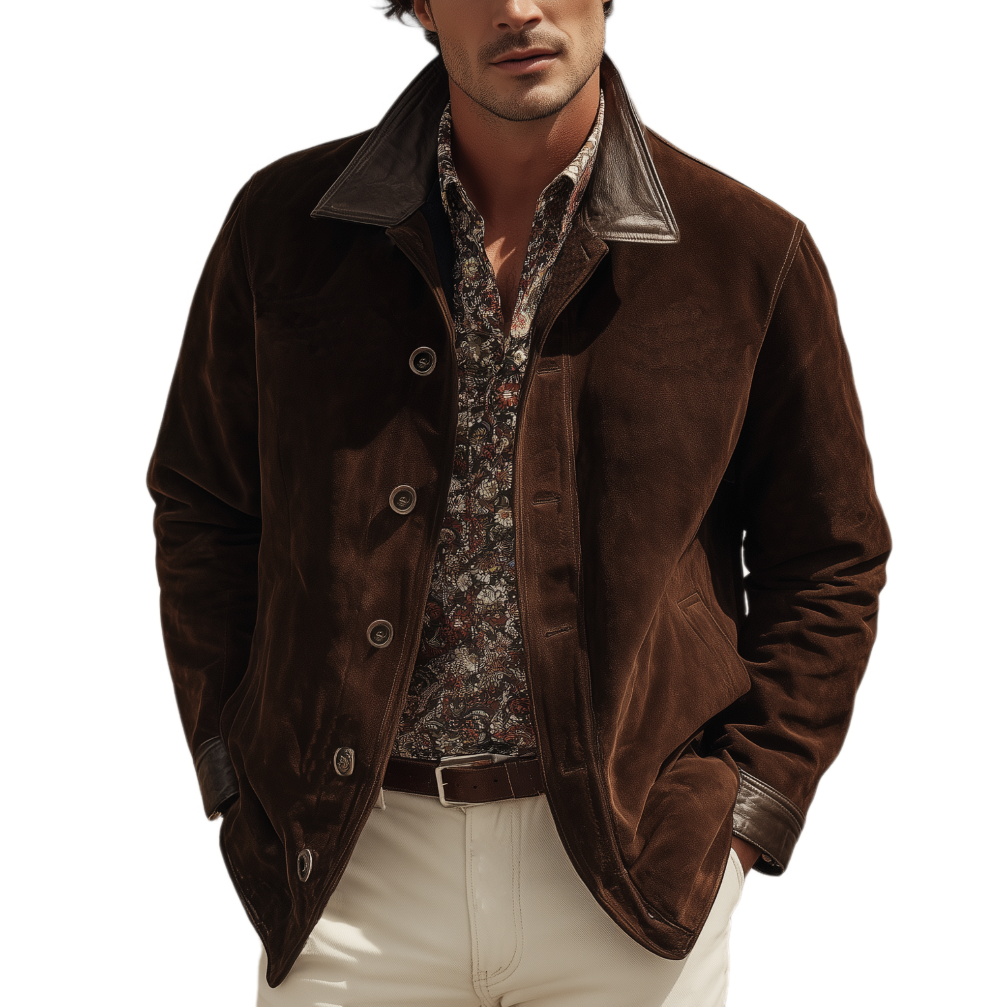 Men's Classic Western Casual Tough Style PU Leather Lapel And Cuff Suede Jacket MTA0883I3K