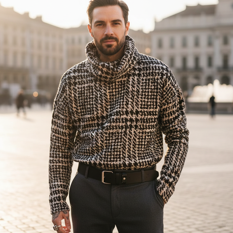 Men's Classic Houndstooth Stacked Collar Knit Sweater MTA2257I8U