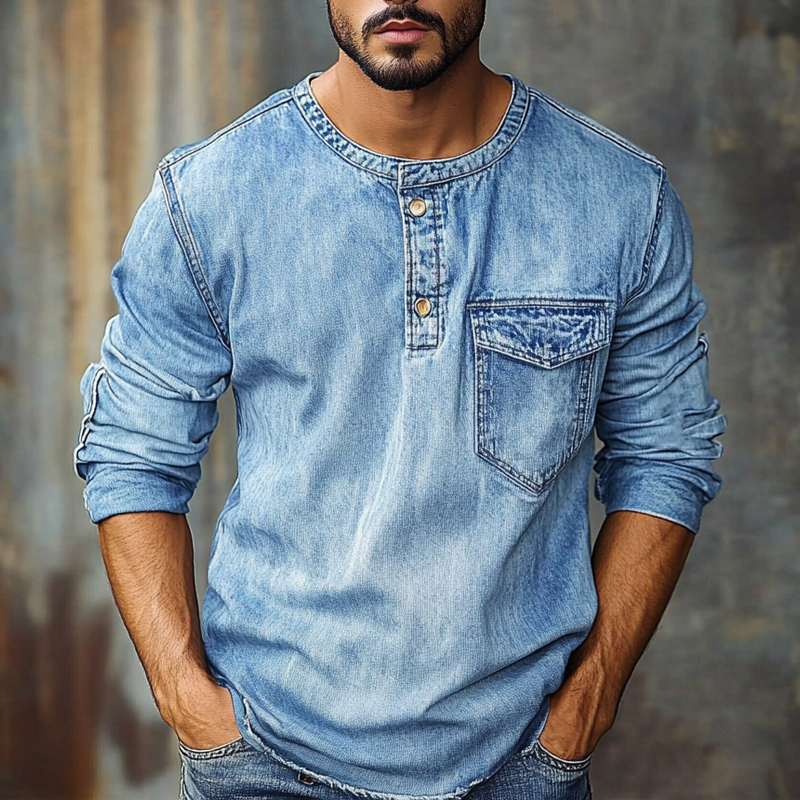Men's Crew Neck Vintage Distressed Long Sleeve Denim Sweatshirt MTA2259G2X