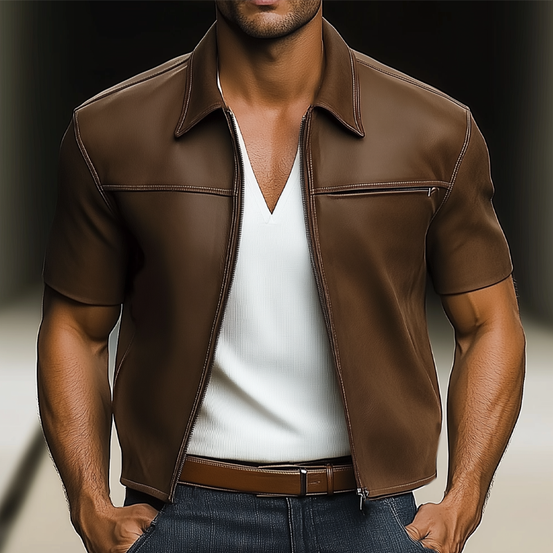 Men's Summer Light Leather Zip-Up Short Sleeve Shirt MTA1644F2U