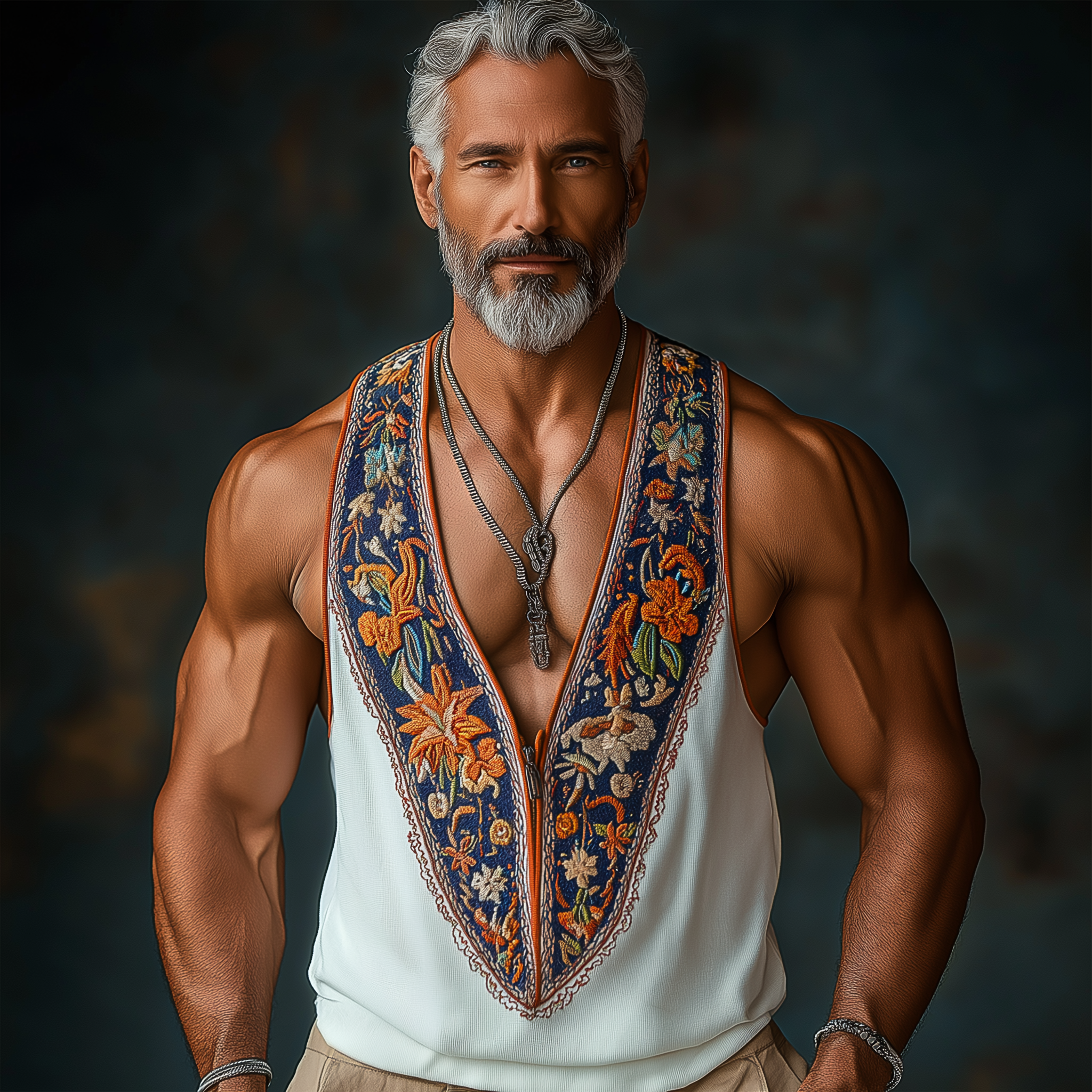 Men's Summer Ethnic Style Contrast Color Embroidery Knitted Tank Top MTA2983E2P