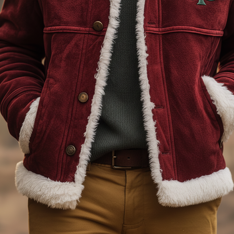 Men's Winter Retro Christmas Tree Embroidered Faux Suede Fleece Lined Jacket MTA1710K0P