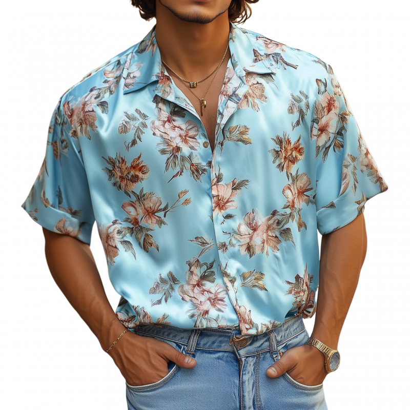 Men's Retro Elegant Flower Print Satin Lapel Loose Short Sleeve Shirt MTA1641F4M