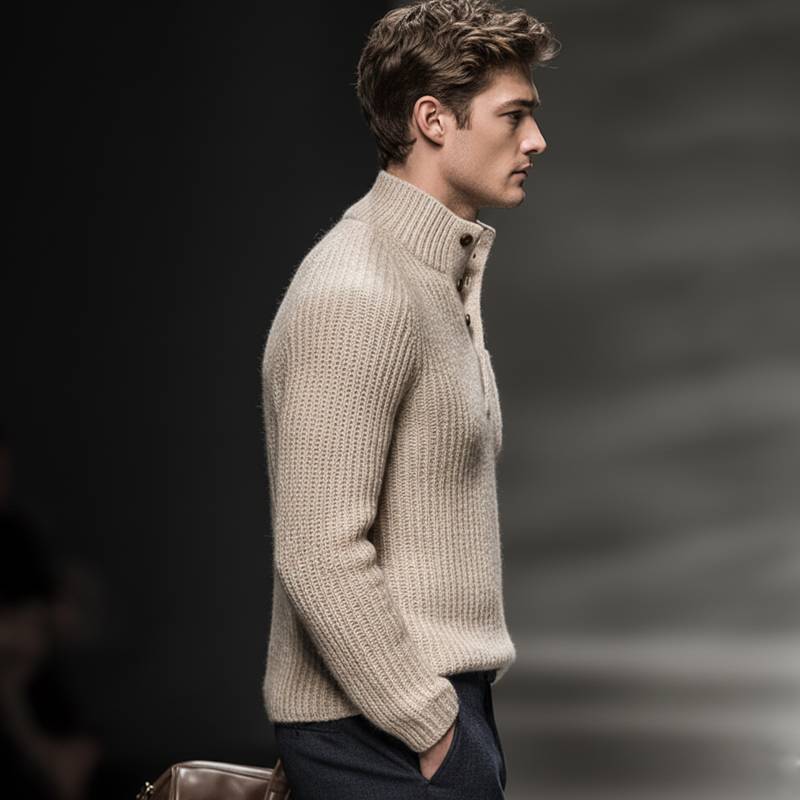 Men's Classic Light Khaki Stand Collar Knitted Sweater MTA2218J1U