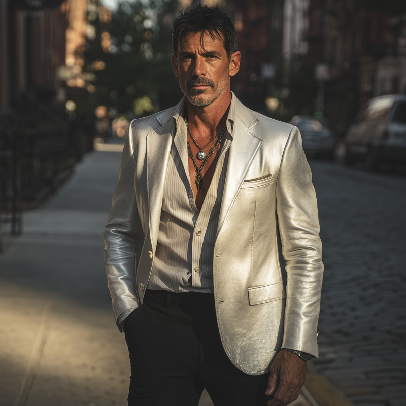 Men's Vintage Silver PU Leather Two-button Notched Lapel Blazer MTA2698H0U