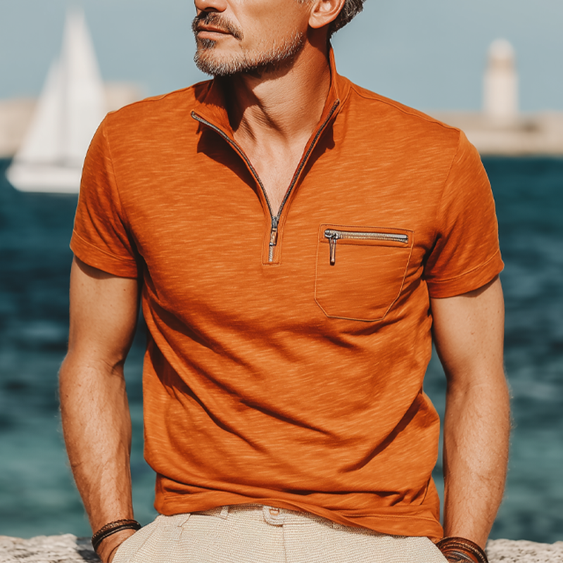 Men's Business Cotton Stand Collar Quarter Zip Short Sleeve T-Shirt MTA0584G0U