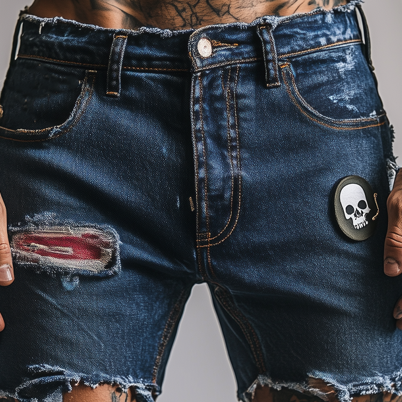 Men's Skull Ripped Denim Shorts MTA1853F5X