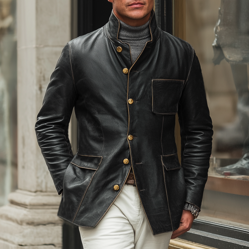 Men's Classic Slim-fit Stand-up Collar PU Leather Jacket MTA1366J1U