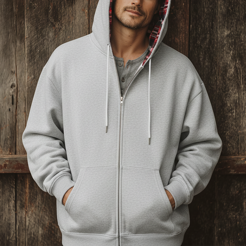Men's Fashion Plaid Lined Cotton Blended Hooded Zipper Sweatshirt MTA1030J2P