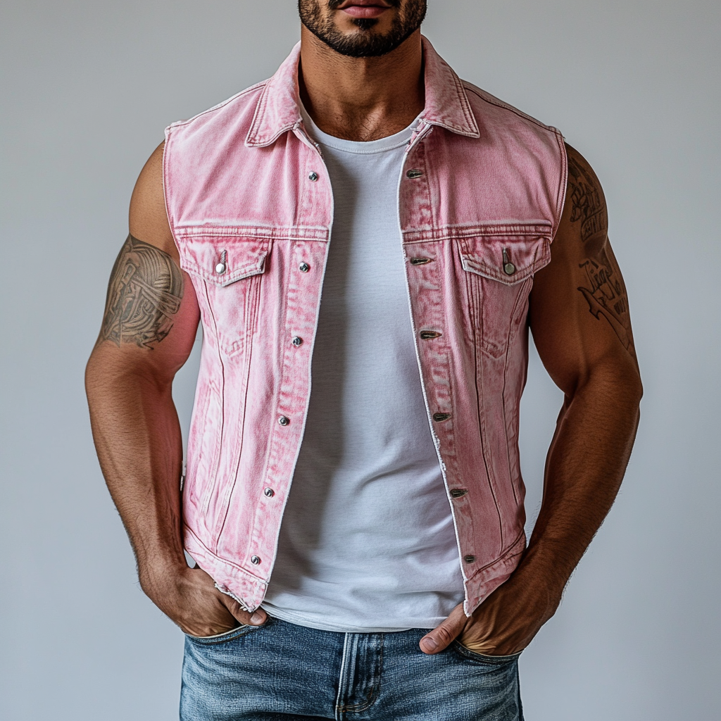 Herrevest med ermeløs krage og enkeltspent, vasket denim MTA1344F1Y