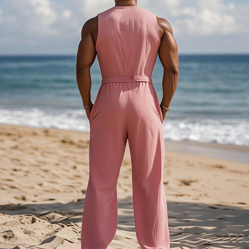 Men's Summer Fashion Hawaiian Vacation Style Cotton and Linen Deep V-Neck Jumpsuit (Without Belt) MTA2553D2K