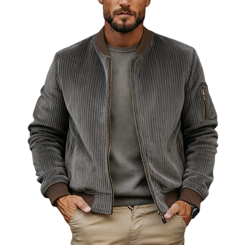 Men's Vintage Corduroy Solid Baseball Collar Zip-Up Jacket MTA2436J4X