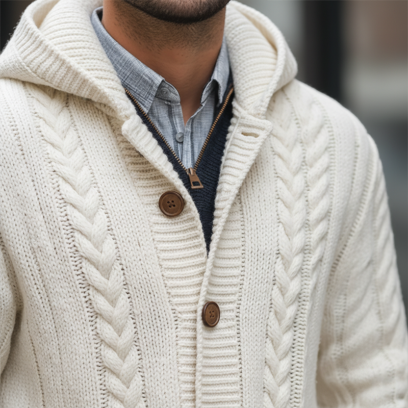 Men's Winter Simple Cotton Yarn Knitted Hooded Cardigan MTA0325K0P