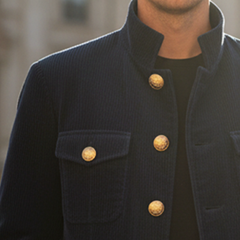 Men's Classic Stand Collar Navy Corduroy Button-Down Jacket MTA1597I5U