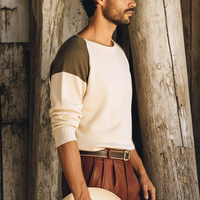 Men's Retro Color-Blocked Shoulder Crew Neck Casual Knit Sweater MTA1056K1U