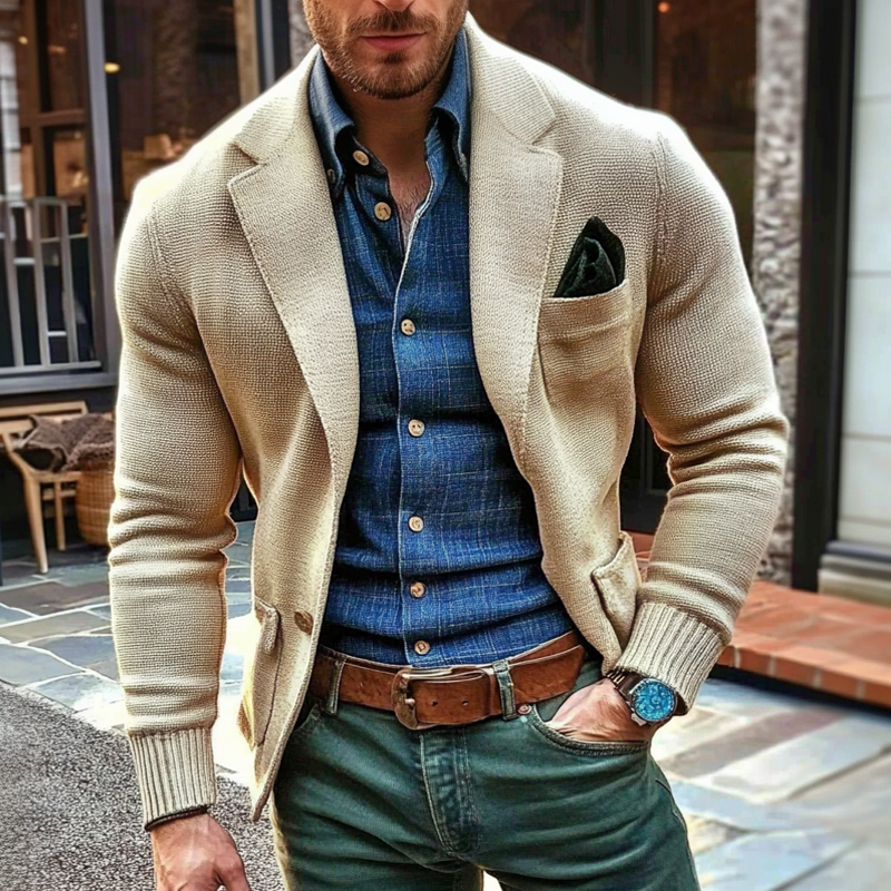 Men's Solid Color Knitted Lapel Single-breasted Cardigan MTA2697H2X