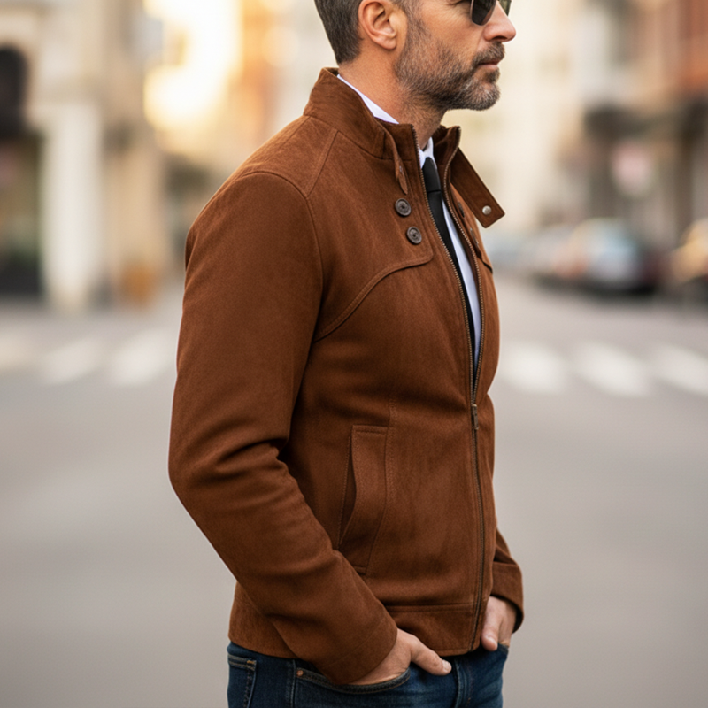 Men's Urban Faux Suede Snap-button Collar Zip-up Slim-fit Jacket MTA1900L3U