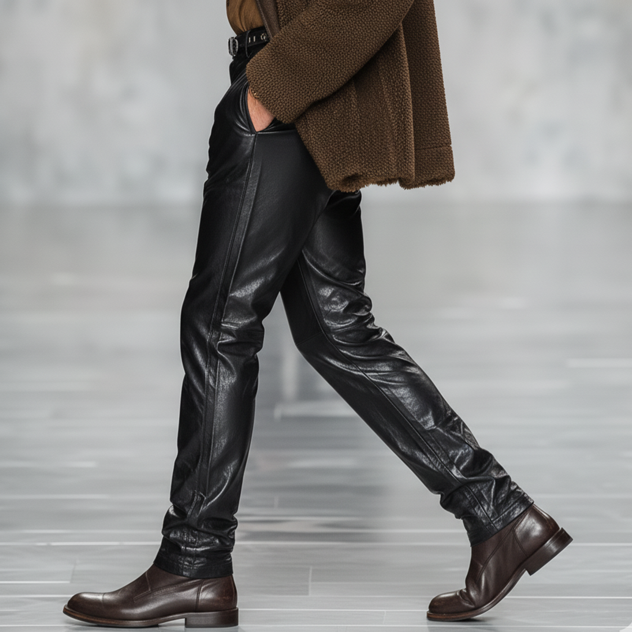 Men's Fashionable Casual Black PU Leather Pants MTA0401K6K