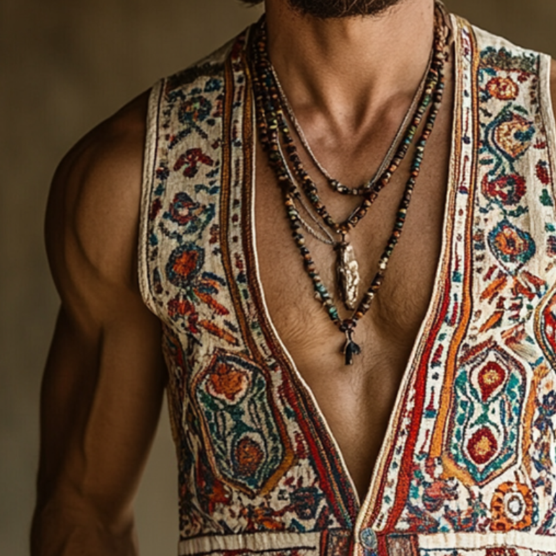 Men's Retro Casual Ethnic Style Geometric Print Linen Collarless Vest MTA0644E1TO