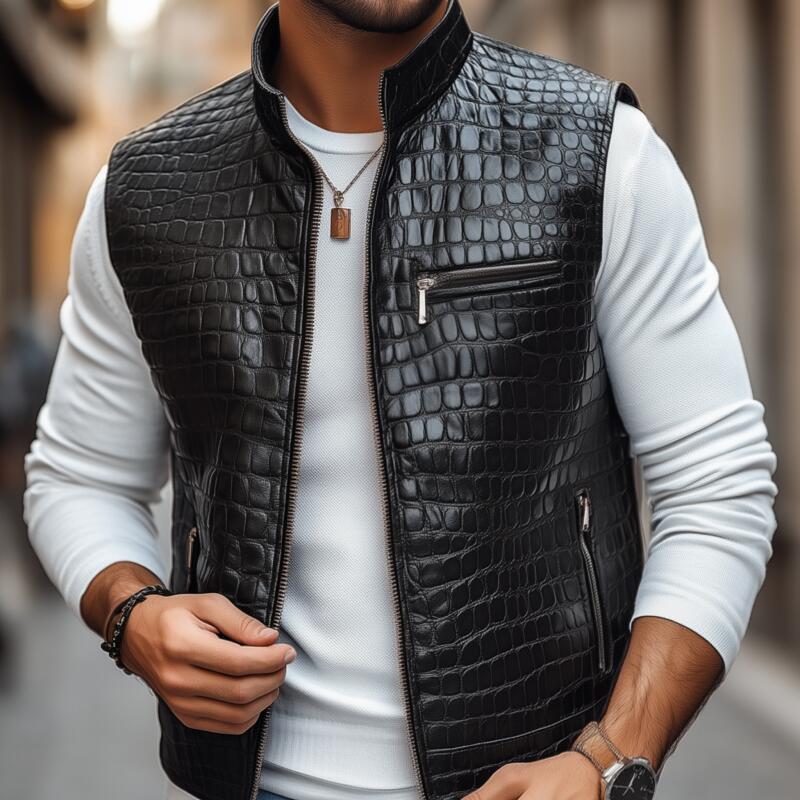 Men's Fashion Crocodile Pattern PU Stand Collar Zipper Placket Slim Fit Vest MTA2738H7M