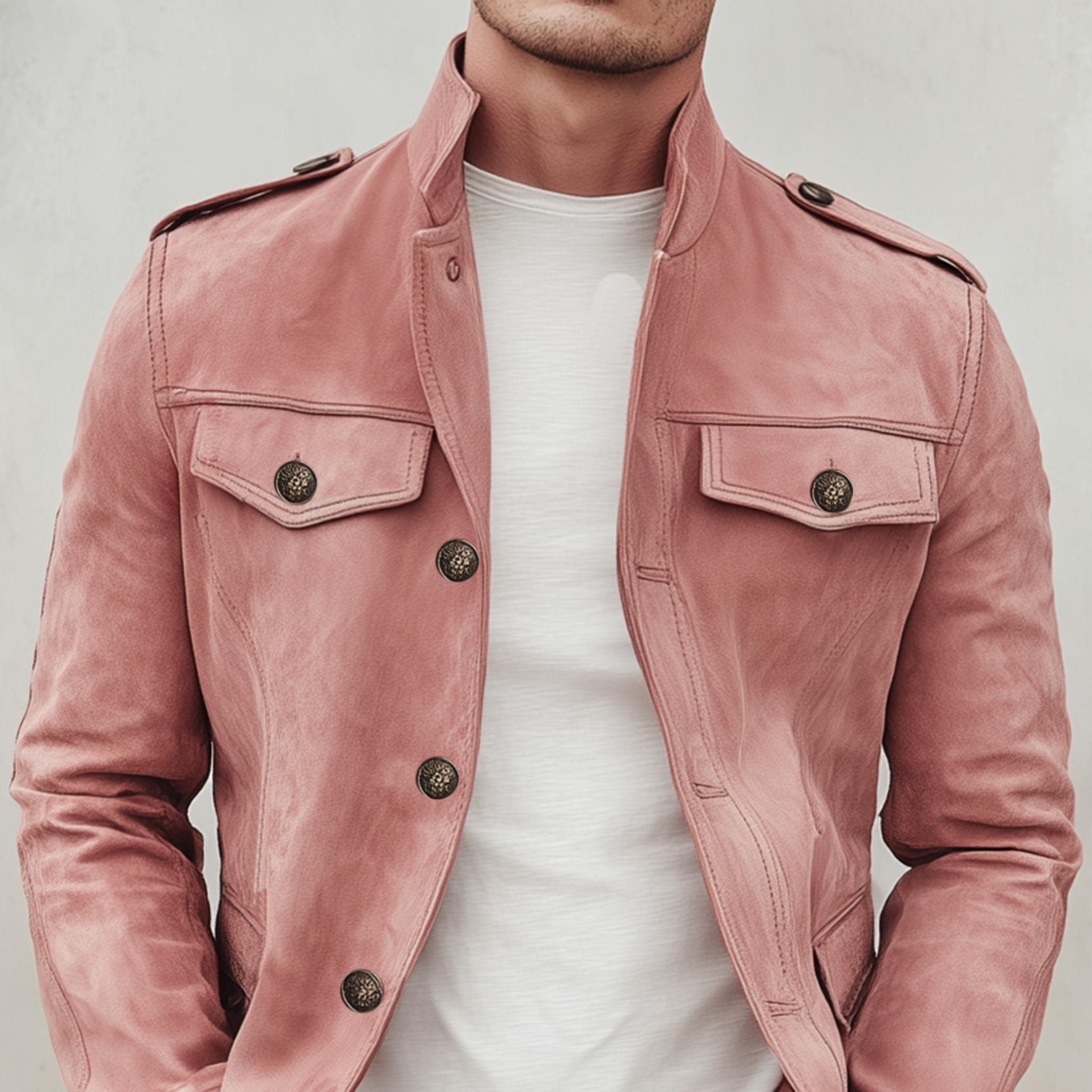Men's Classic Retro Stand Collar Multi-pocket Pink Suede Slim Jacket MTA2232H7K