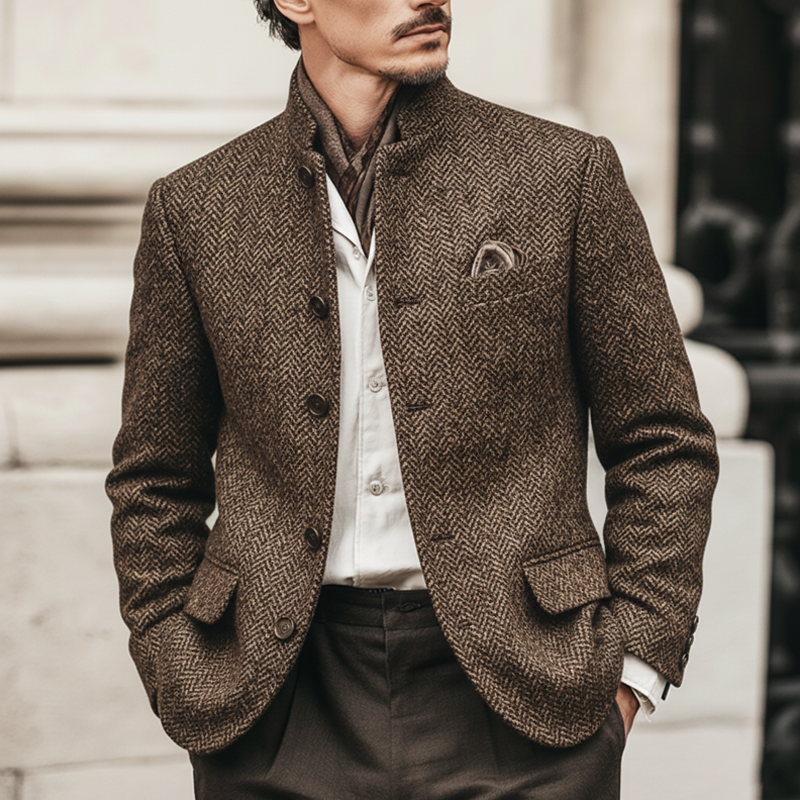 Men's Classic Plaid Stand Collar Double Vent Slim Fit Jacket MTA2171K8U