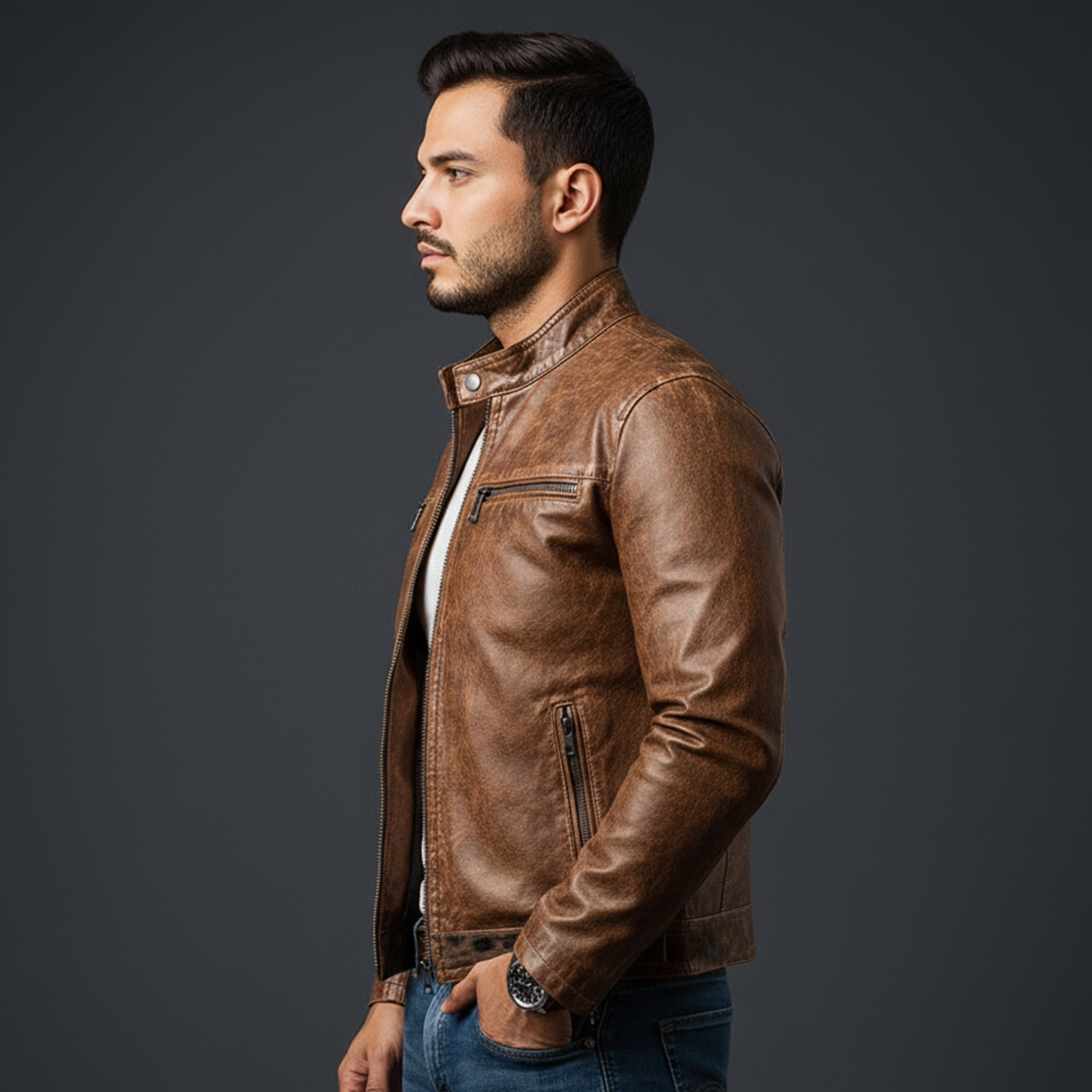 Men's Classic Retro Stand Collar PU Leather Zipper Jacket MTA2504J9K