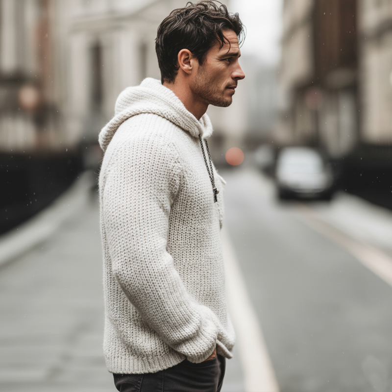 Men's Urban Casual White Knit Hoodie MTA3001K4U