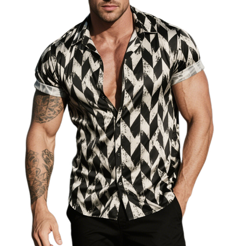 Men's Retro Casual Diamond Print Satin Lapel Short Sleeve Shirt MTA2140E6TO