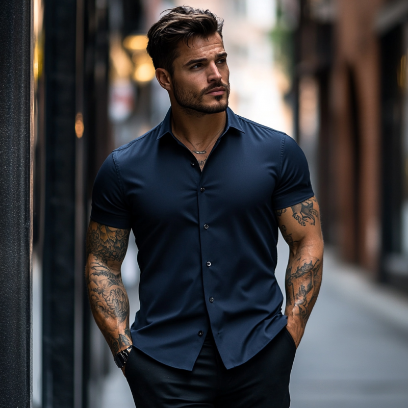 Men's Casual Soft Breathable Cotton Lapel Slim Fit Short Sleeve Shirt MTA2758E1M