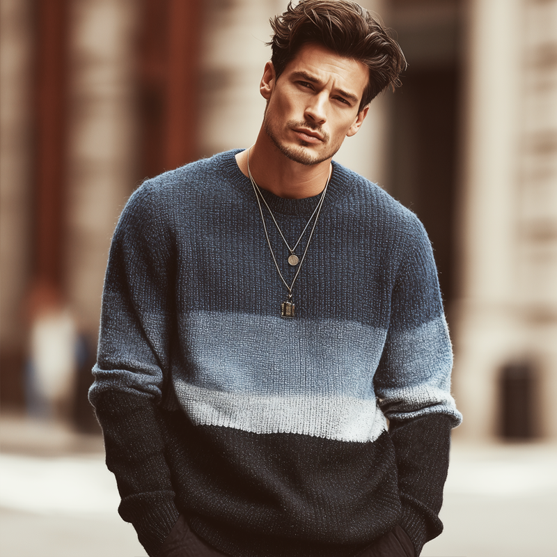 Men's Urban Style Crew Neck Color-block Casual Knitted Sweater MTA0166L5U