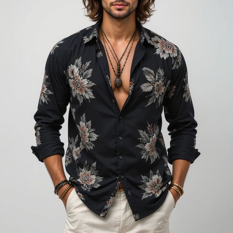 Men's Floral Lapel Long Sleeve Shirt MTA3047G7Z