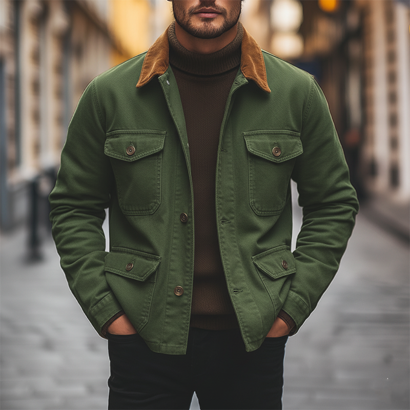 Men's Patchwork Collar Cotton Blend Multi-pocket Jacket MTA0446L0X