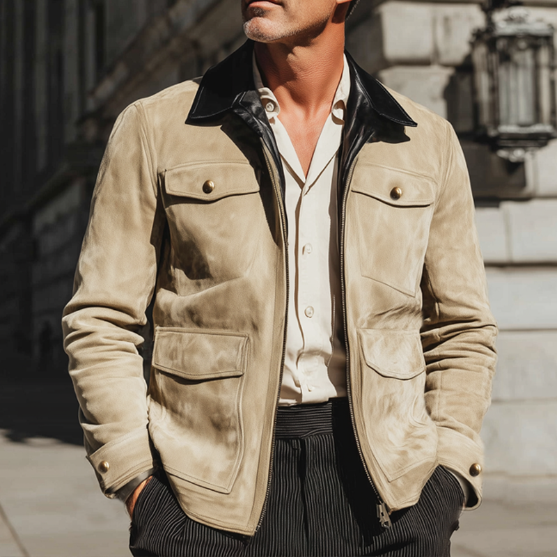 Men's  Suede And PU Leather Collar Zip-up Fitted Jacket MTA1604I1U