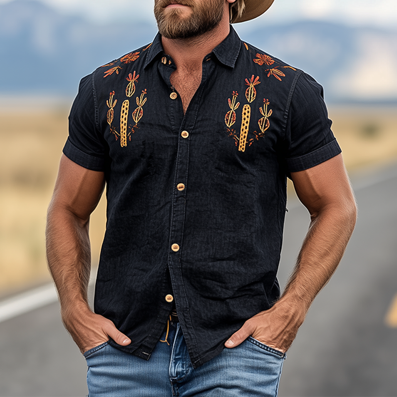 Men's Summer Casual American Retro Western Tough Style Black Washed Thin Denim Cactus Embroidered Slim Short-sleeved Pearl Snap Shirt MTA1040F3K