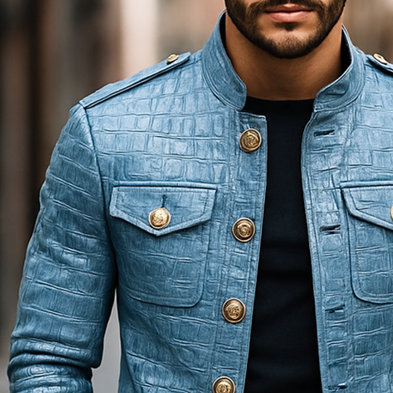Men's Retro Casual Crocodile Pattern PU Stand Collar Leather Jacket MTA2605H2TO