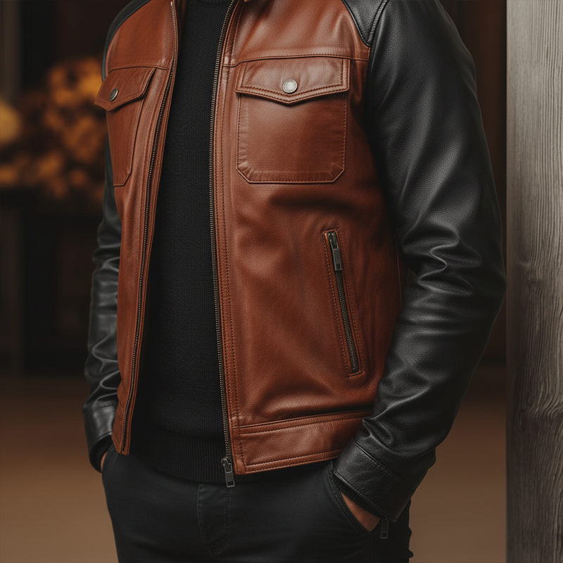 Men's Winter Retro Contrast Color Stitching PU Faux Leather Jacket MTA2342J8P