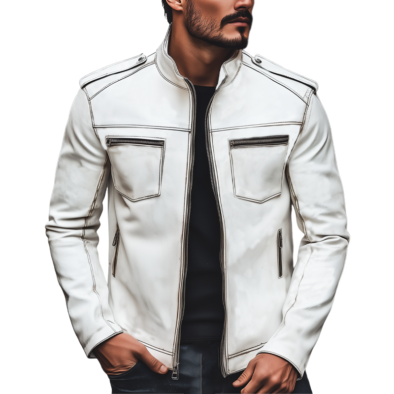 Men's Retro Stand Collar White Zipper PU Leather Jacket MTA0476I6U