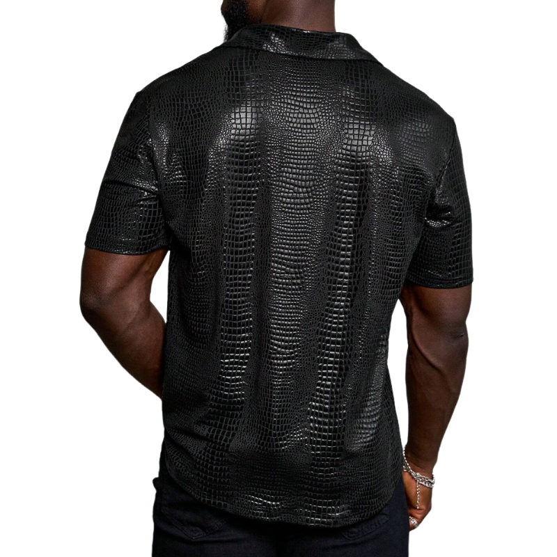 Men's Vintage Crocodile Pattern PU Lapel Loose Short Sleeve Shirt MTA1331E9M