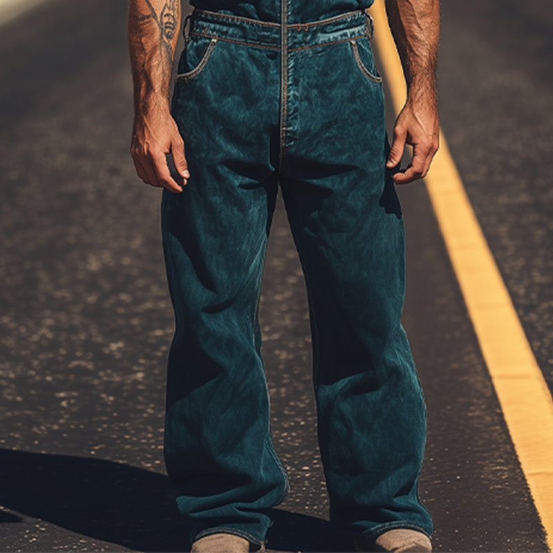 Men's Summer Fashion Retro Western Cowboy Style Denim Embroidery Jumpsuit MTA2880D2K