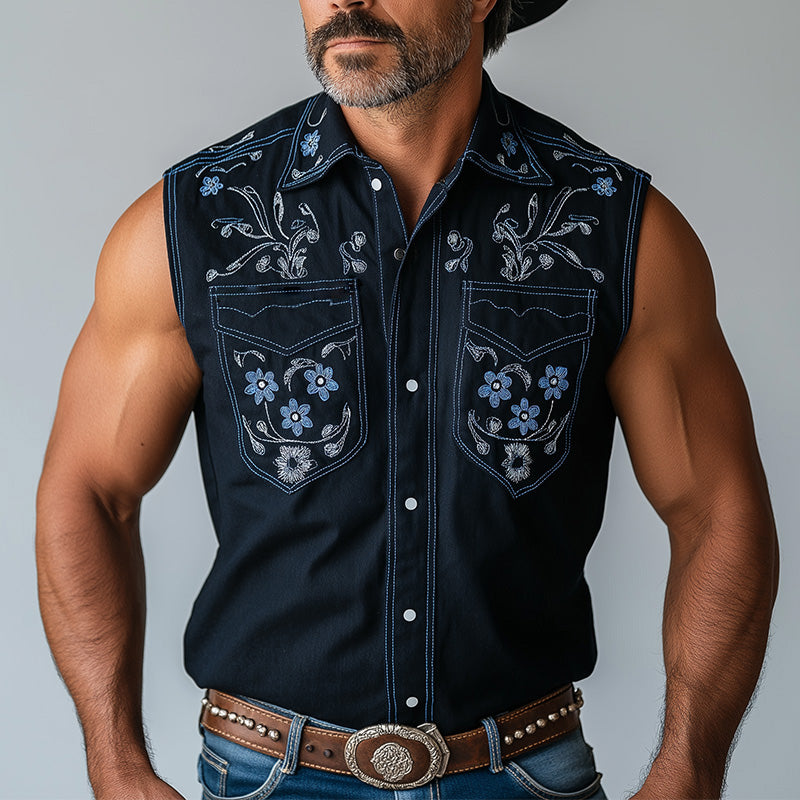 Men's Summer Western Cowboy Style Embroidered Cotton Blended Sleeveless Shirt MTA1480E0P