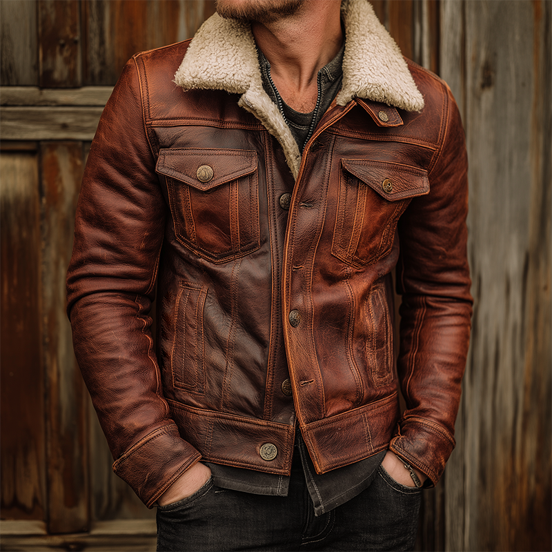 Men's Vintage Distressed Pu Plush Lapel Leather Jacket MTA0319I0TO