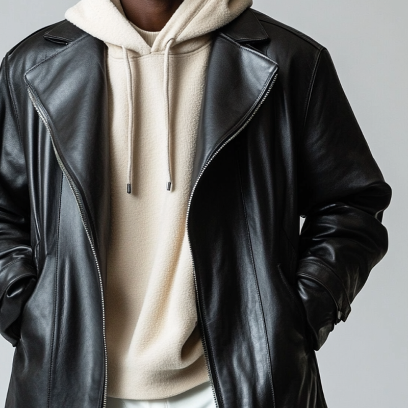 Men's Solid Color Lapel Zipper Mid-length PU Coat MTA0468L9X