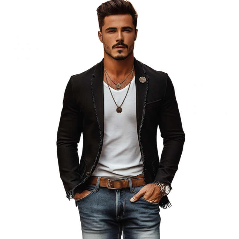 Men's Casual Linen Notch Lapel Single-breasted Patch Pocket Tassel Trim Slim-fit Blazer MTA2159E2M