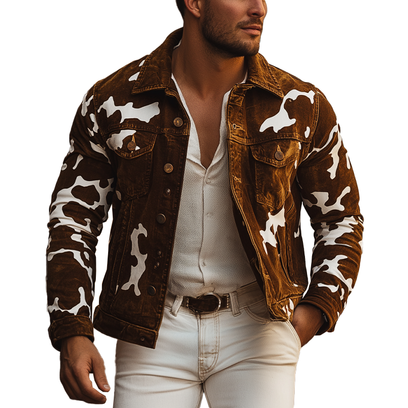 Men's Vintage Cowboy-style Cow Print Faux Suede Button-up Jacket MTA1630L4P