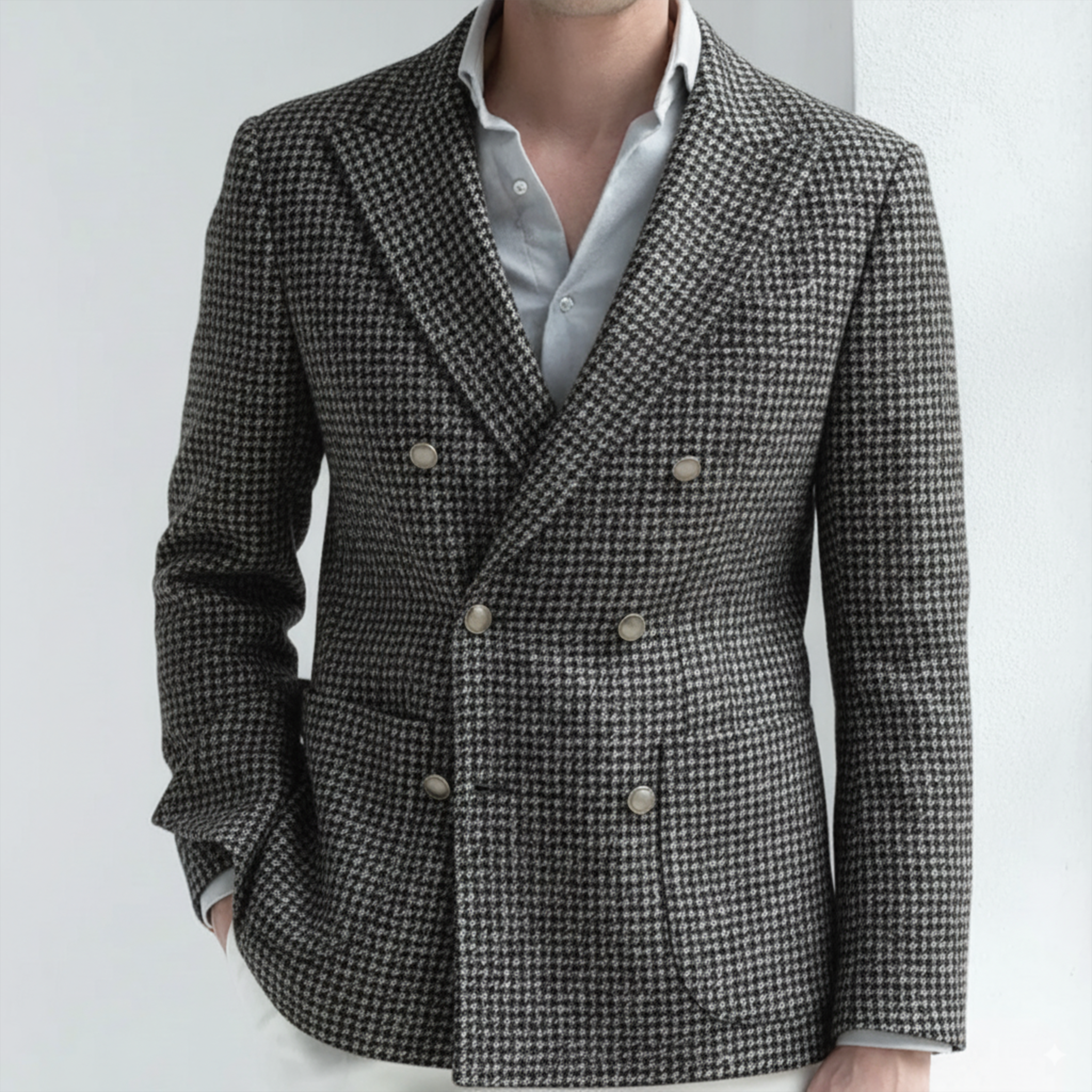 Men's Classic Retro Light Business Faux Small Houndstooth Wool Double-breasted Blazer MTA2584I0K