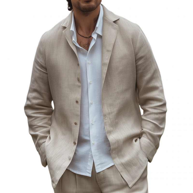 Men's Casual Solid Color Breathable Linen Cuban Collar Single Breasted Loose Long Sleeve Shirt MTA1525G1M