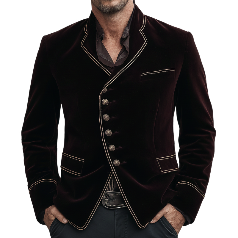 Men's Classic Velvet Burgundy Diagonal Button Double Slit Jacket MTA2906K6U