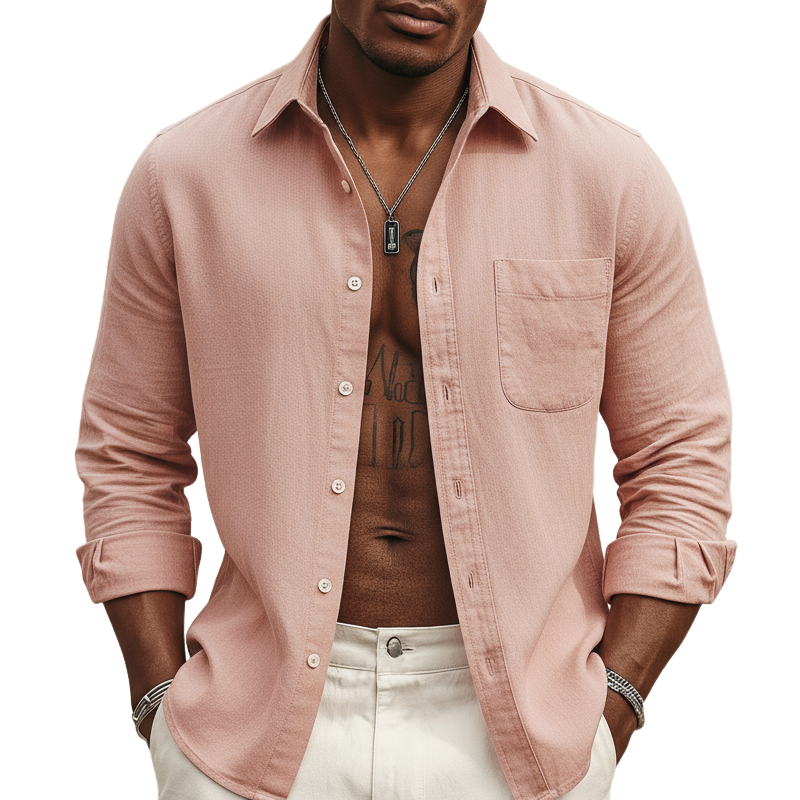 Men's Classic Light Pink Twill 100% Cotton Long-sleeved Shirt MTZ2945A3U