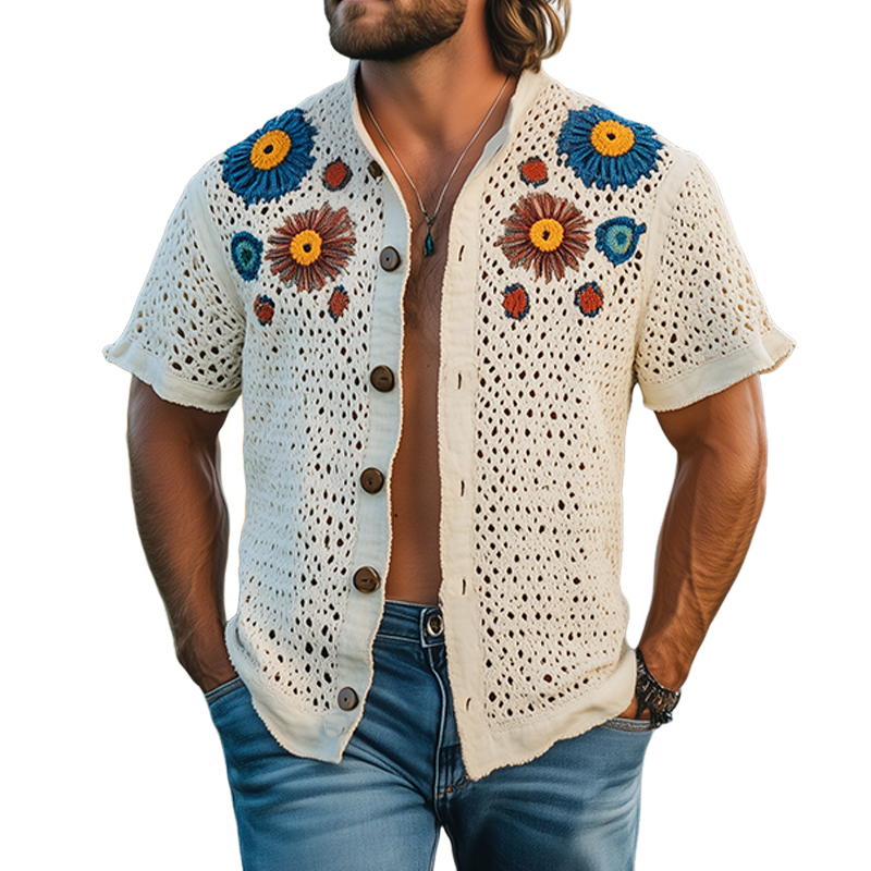 Men's Summer Fashion Casual Hollow Crochet Flower Stand Collar Knitted Short-sleeved Shirt MTA2798F1K